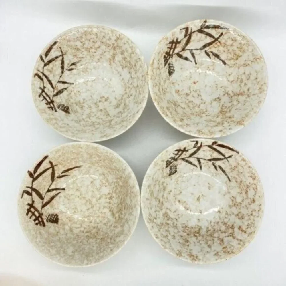 Hand Painted Stoneware Pottery Japan Rice Bowls Set Of 4 Vintage